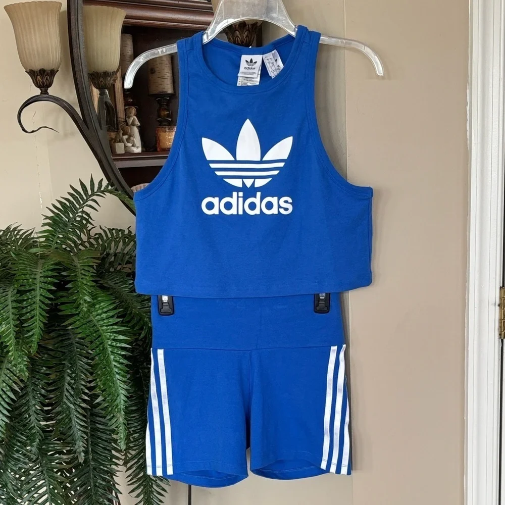 Adidas 2-Piece Blue & White 3-Stripe Racerback Tank Top & Shorts Workout Set - Picture 1 of 14
